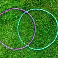 Two overlapping hula-hoops on grass. A Colorful, stylized VENN figure. Two intersecting circles. Contours. Stylish. Minimalist