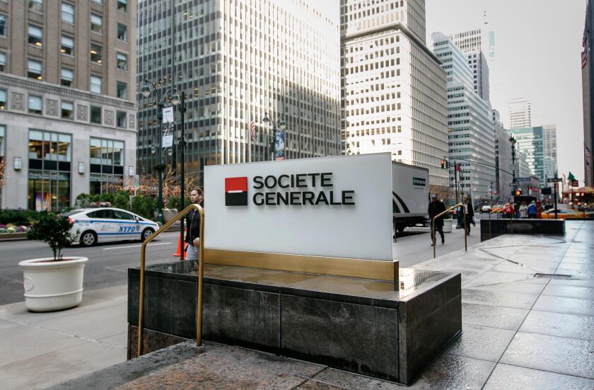 Societe Generale corporate signage by their office in midtown Manhattan.