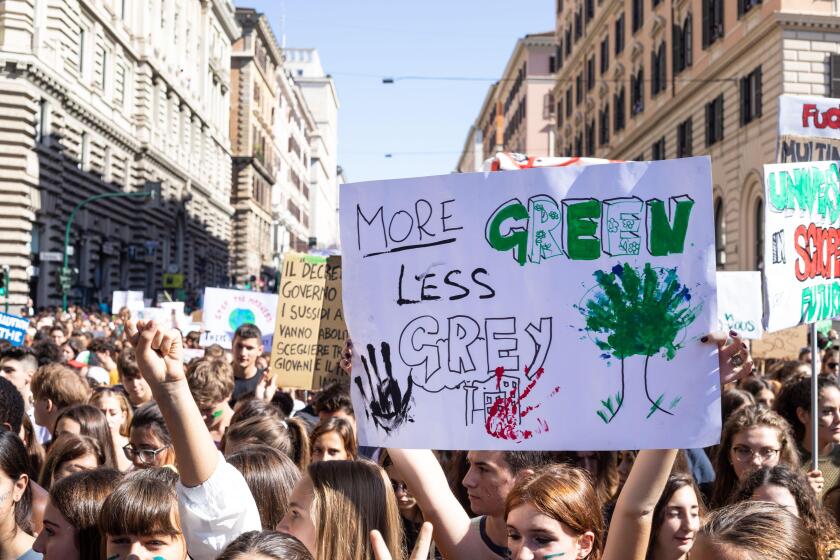  A placard saying, greener less grey, during the protest.
Friday for the future: an international demonstration of the earth that with great student participation started from Piazza della Repubblica to Piazza Madonna di Loreto (Piazza Venezia) in Rome. (
