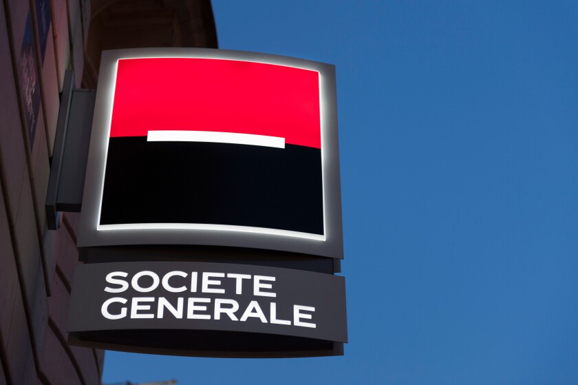 Paris, France: Branch of the French bank Societe Generale at evening