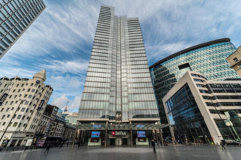 Brussels, Belgium: The Rogier square with the Belfius Bank and Insurance Tower, a few hotels and institutions of the European union.
