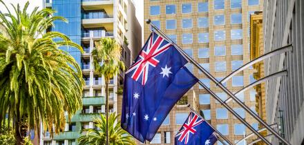 Australian flags outside Department of Justice Building Spring Street Melbourne Australia