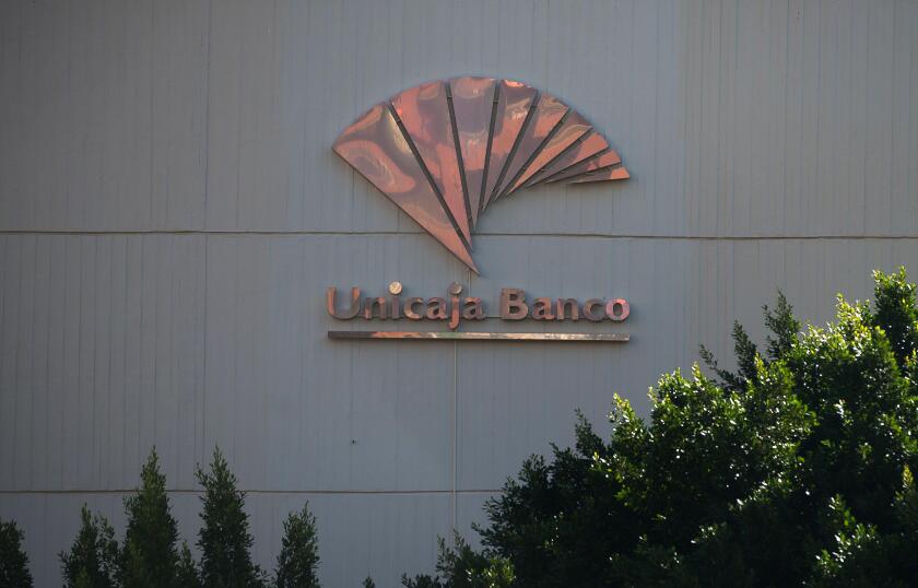 Malaga, Spain. 7th Oct, 2020. A logo of Unicaja bank is seen after the announcement of possible financial merger between Unicaja Bank and Liberbank. Both banks would have a combined value of about 1.700 million of euros in the financial market and would c