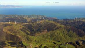 Aerial view of the Wind Farm Electricity generation on the Makara Hills in the western suburbs of Wellington city, New Zealand.