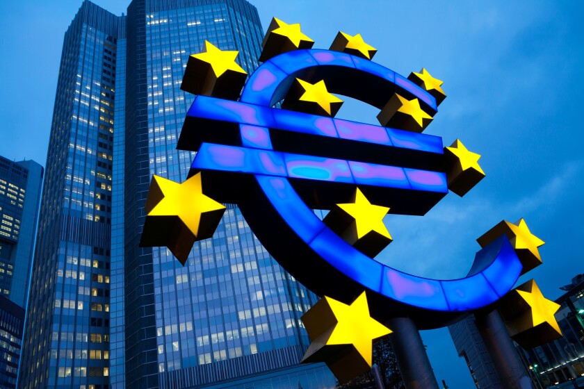 Euro Sign in Front of the European Central Bank, Frankfurt am Main, Germany