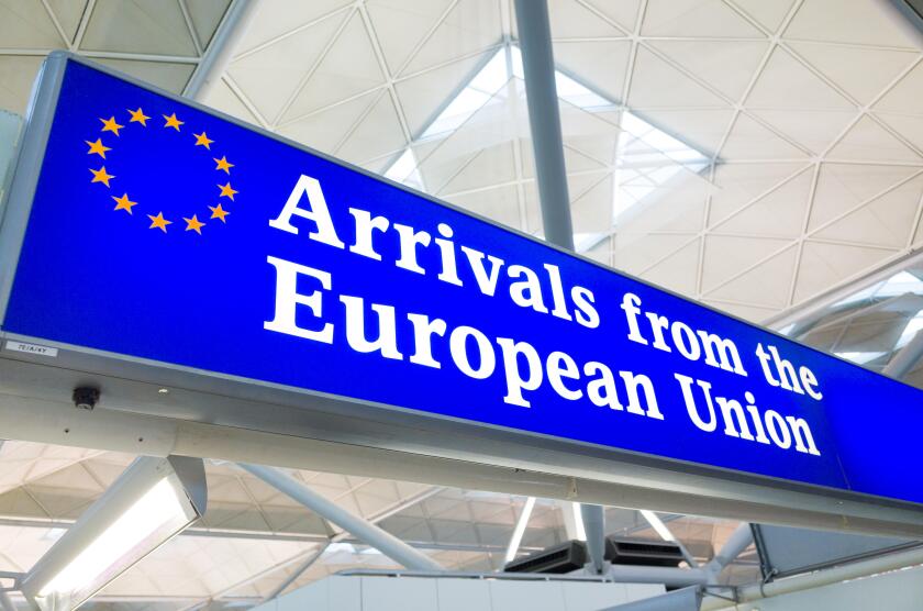Arrivals from the European Union customs channel at Stansted Airport, England, UK