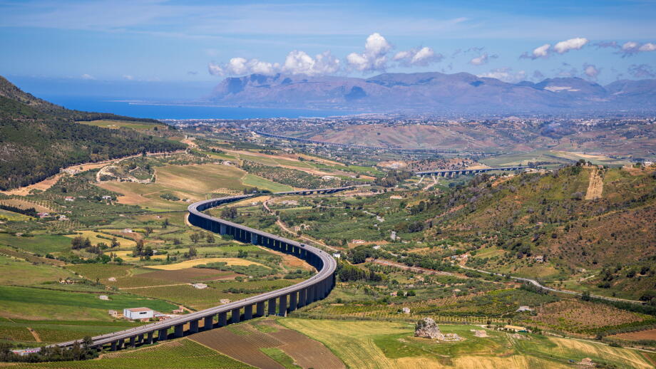 The Autostrade as it winds its way along the North Sicilian coast from the Greek Theater at Segesta, Sicily
