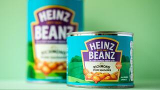 London UK, April 25 2025, Can of Heinz Baked Beans with Richmond Pork Sausages in Tomato Sauce