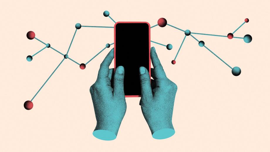 Contemporary collage. Hands holding smartphone with connected network nodes