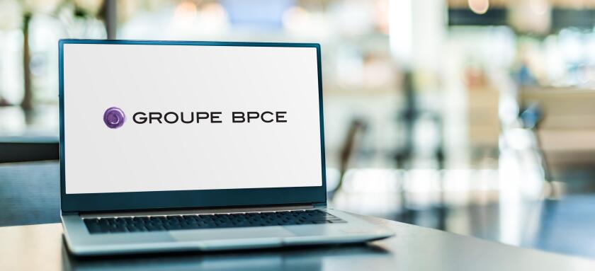 POZNAN, POL - FEB 6, 2021: Laptop computer displaying logo of Groupe BPCE, a French banking group