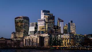 London skyline at dusk, London, UK