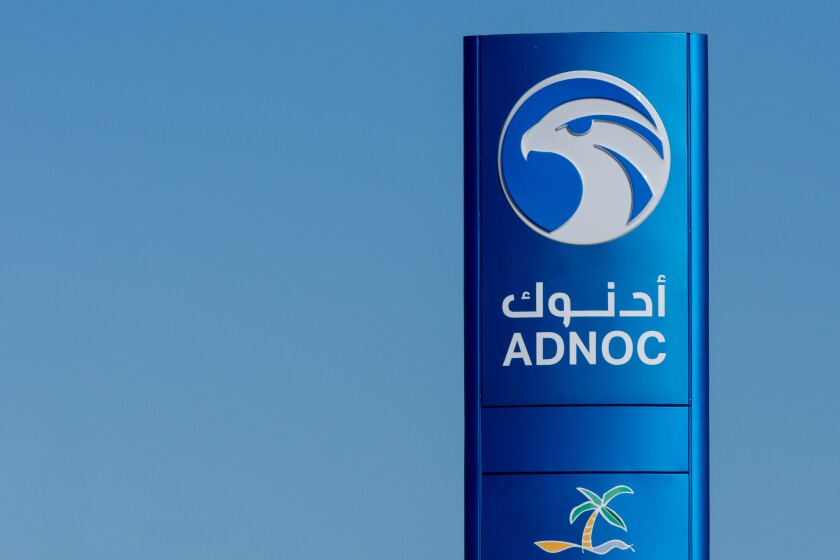 Adnoc Gas Station blue sign a petrol gas station in the Middle E