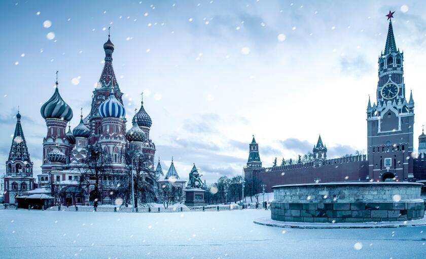 Christmas time in Moscow - snow falling on Red Square
