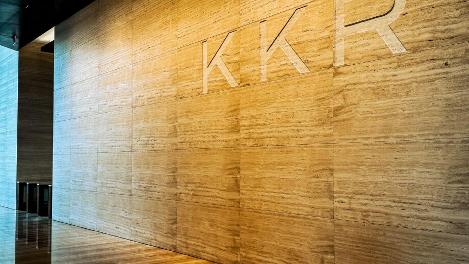 Signage for private equity firm KKR in the entrance lobby to 30 Hudson Yards, New York, USA