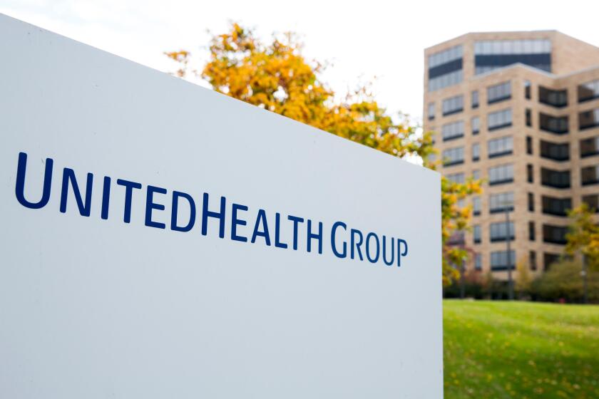 A logo sign outside of the headquarters of UnitedHealth Group in Minnetonka, Minnesota on October 25, 2015.