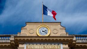 Detail of the facade of the French National Assembly building, also called Palais Bourbon or chamber of deputies, Paris, France