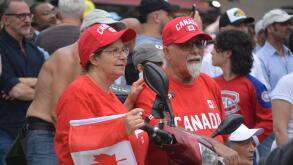 Soccer fans gathered at a watch party for Team Canada in Nathan Phillips Square in downtown Toronto.