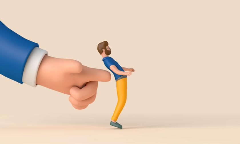 A person being pushed forward by a large hand. Business development concept. 3D Rendering
