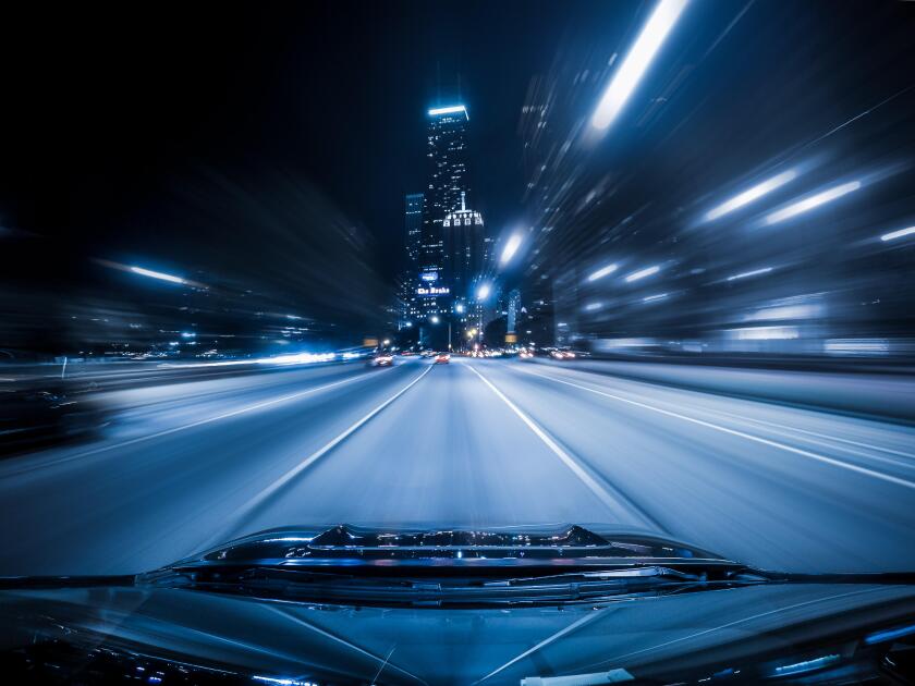 View from the top of a car driving down highway, Chicago, Illinois, United States