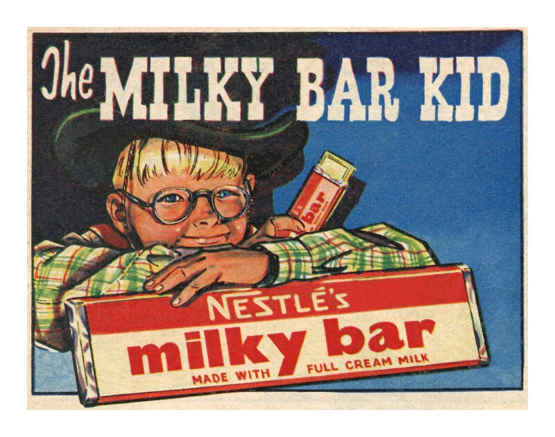 THE MILKY BAR KID 1960's Cartoon artwork style press advertisement for Nestles chocolate bar campaign  'The Milky Bar Kid'