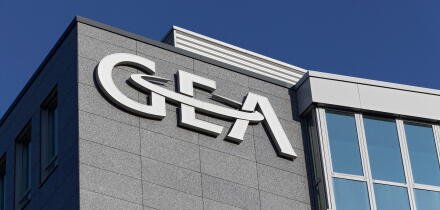 Logo GEA on the building, headquarters of the industrial group GEA Group AG, Duesseldorf, North Rhine-Westphalia, Germany
