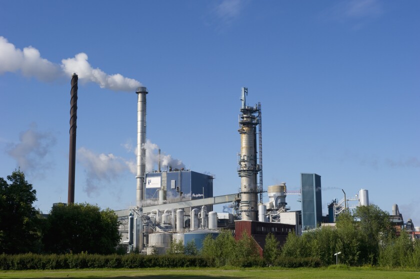 Pulp factory with chimneys, Vallviks Works, Gastrikland, Norrland, Sweden, august