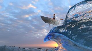 brave businesswoman flies through the waves on a boat