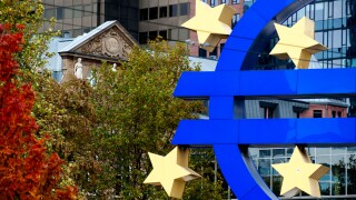 Euro symbol in front of the ECB, European Central Bank, Willy-Brandt-Platz square in Frankfurt am Main, Germany