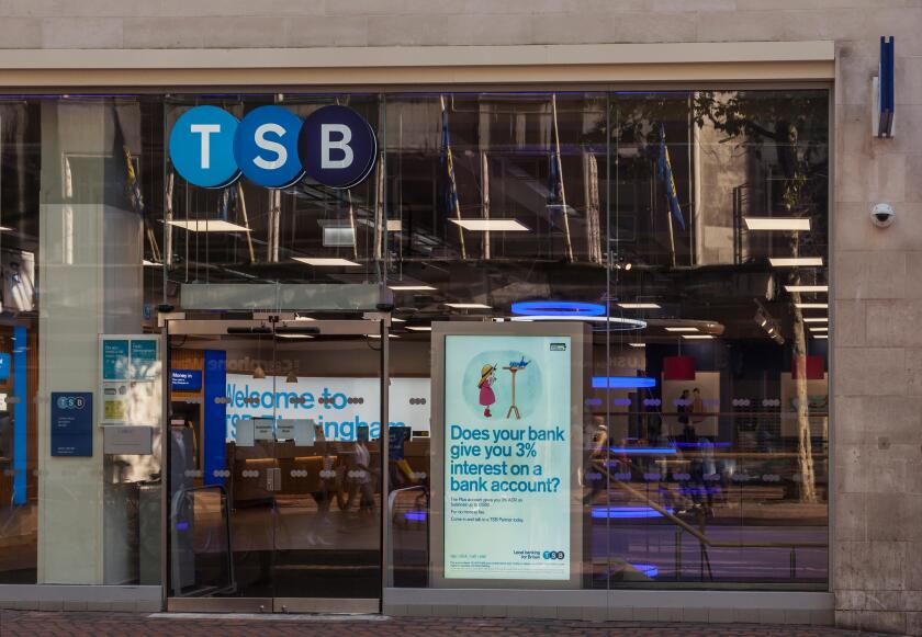 Frontage of the branch of the Trustee Savings Bank ( 'TSB') in New Street, Birmingham, England, UK. Part of the Spanish Sabadell group.
