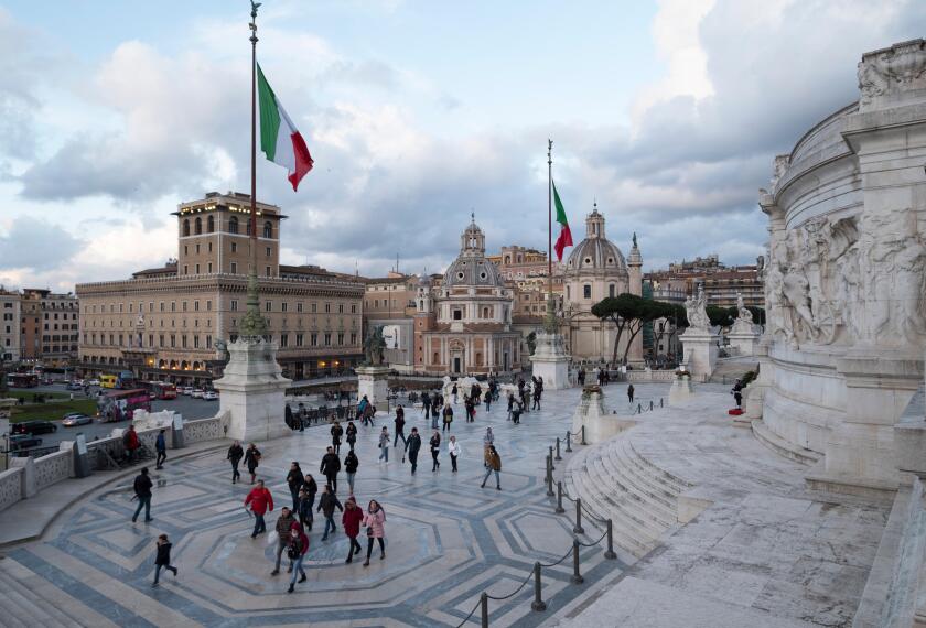 View of the Piazza Venezia from the Altare della Patria - the Monumento Nazionale a Vittorio Emanuele II, Statue, Flag and Monument, Rome, Italy