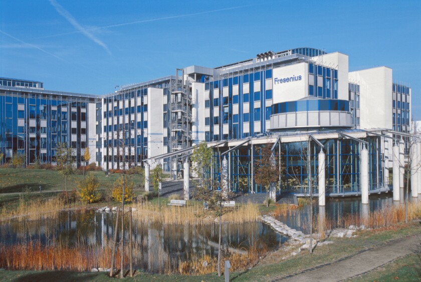 Reflection of medical building in water, Fresenius Medical Care AG, Frankfurt, Germany