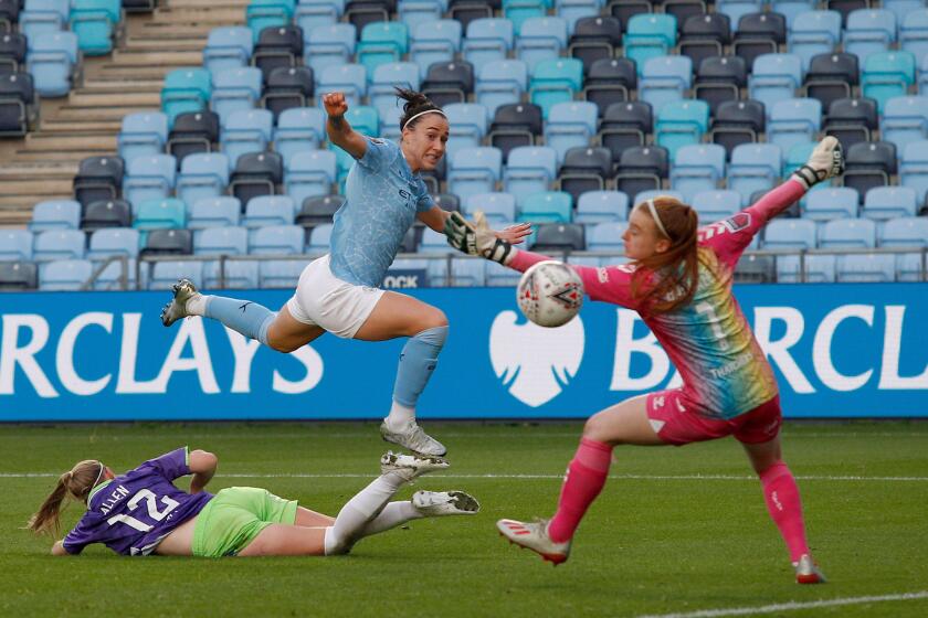 MANCHESTER, ENGLAND. NOVEMBER 7TH Citys Lucy Bronze shoots and scores to make it 4-1 during the Barclays FA Women's Super League match between Manchester City and Bristol City at the Academy Stadium, Manchester on Saturday 7th November 2020. (Credit: Chri