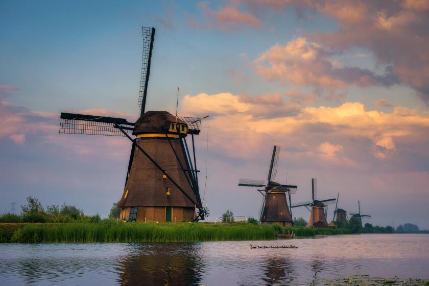 Sunset above old dutch windmills in Kinderdijk, Netherlands