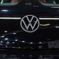 Riga, Latvia, April 28, 2023: Volkswagen emblem on new minivann ID. BUZZ, close-up
