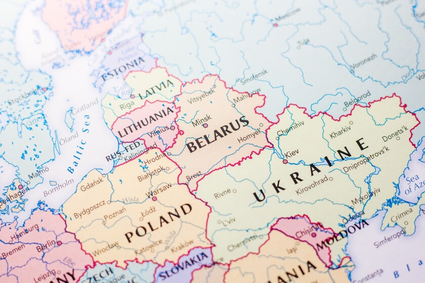 Ivanovsk, Russia - November 24, 2018: Belarus on the map of the world.