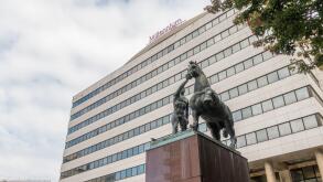 Equestrian statue in front of the BCP Millenium bank headquarters in Porto, Portugal, Europe