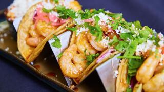 Gourmet Shrimp Taco with Fresh Garnishes, Overhead View
