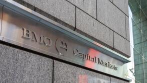 Closeup of BMO Capital Markets sign is seen outside their office in New York City, USA