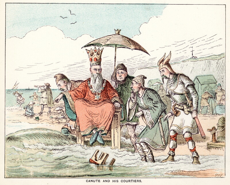Comic Sketch by T S Seccombe showing King Canute and his courtiers trying to stop the tide coming in.