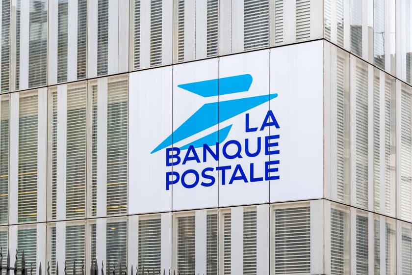 Sign and logo on the headquarters building of the Banque Postale. La Banque Postale is a French public bank, subsidiary of the La Poste group