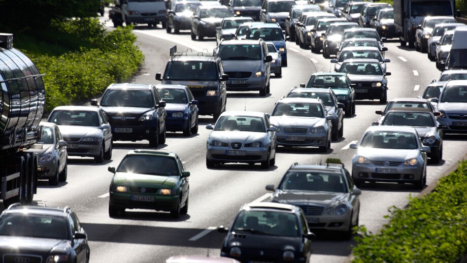 Traffic jam on a highway, motorway.