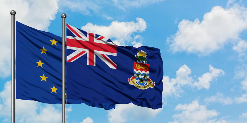 European Union and Cayman Islands flag waving in the wind against white cloudy blue sky together. Diplomacy concept, international relations.