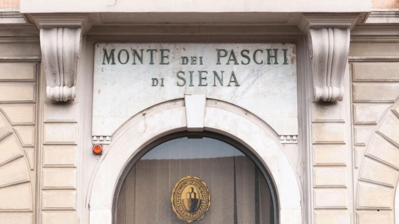 Pisa, Italy - March 24, 2021 - Sign in iron and marble of the Italian bank Monte dei Paschi di Siena