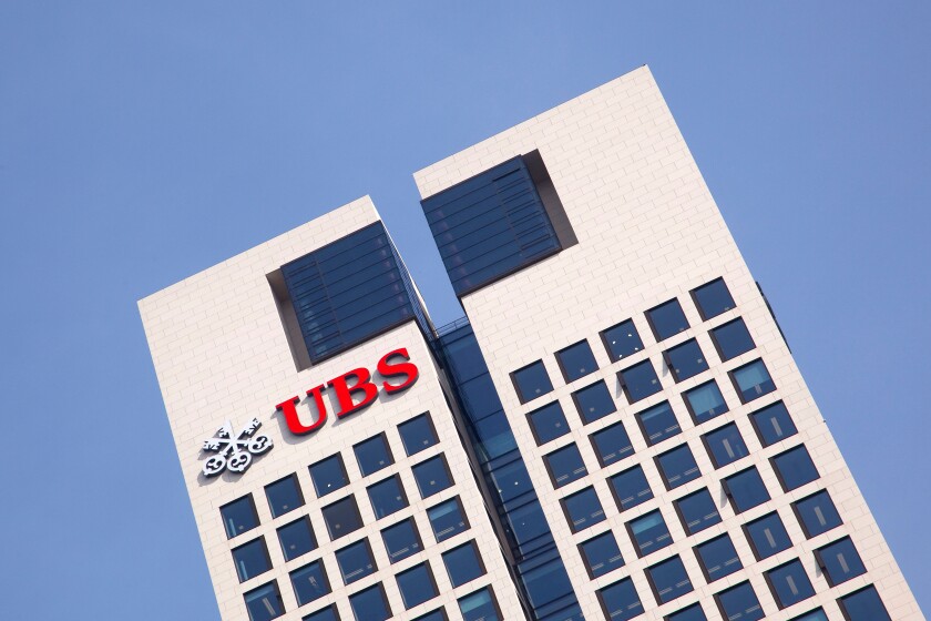 Exterior view with logo, German headquarters of UBS Bank in OpernTurm tower, Frankfurt am Main, Hesse, Germany, Europe
