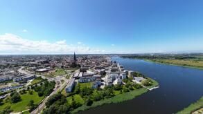 Aerial view of the old town of Rostock and the Warnow river, Mecklenburg, Germany