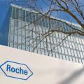 Rotkreuz, Zug, Switzerland - 28th March 2021 : Roche sign in front of the Roche Diagnostics Tower in Rotkreuz, Switzerland. F. Hoffmann-La Roche AG is