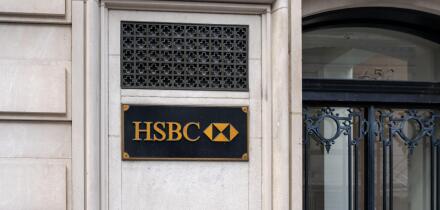 New York City, USA - August 17, 2022: The entrance to HSBC Bank branch at 452 Fifth Ave in New York City, USA.