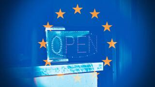 Open sign in the middle of the European Flag, concept of Re-opening in Europe after Coronavirus.