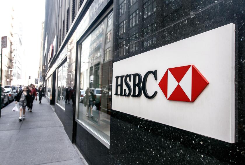 Exterior HSBC sign at their office building in downtown Manhattan.