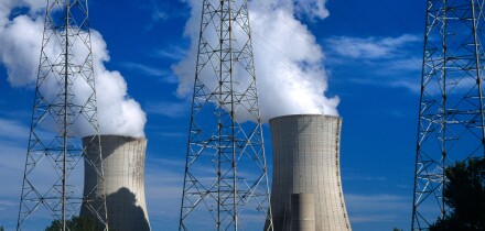 Cooling Towers & Electricity Pylons of Tricastin Nuclear Power Plant, or Nuclear Power Station, Rhone Valley, France